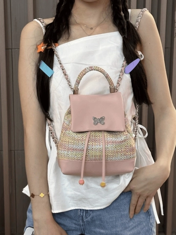 Damen Rosa Tweed PU Leder Patchwork Mini Rucksack Schmetterling Dekor Kette Gurt Eleganter Süß Socialite Stil Tasche