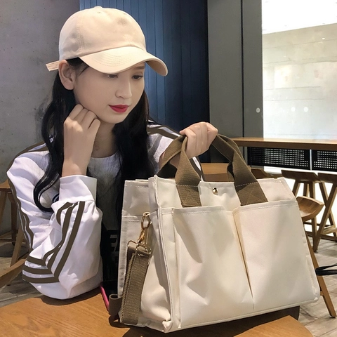 Sac Fourre-Tout en Toile de Grande Capacité pour Femmes Multi-Compartiments Multi-Poches Minimaliste Urbain Avec Bandoulière Réglable