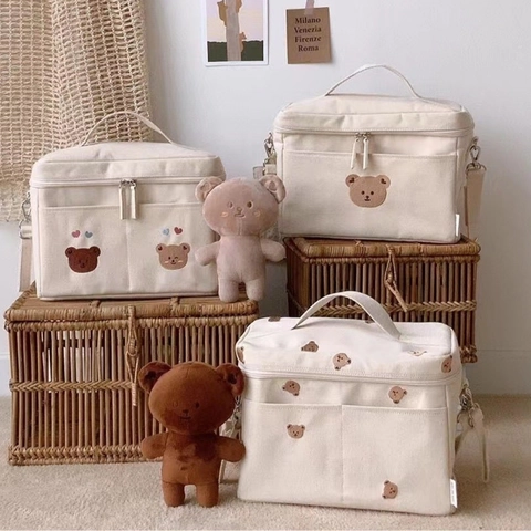 Borsa Fasciatoio Isolata in Tela con Orsetto Ricamato in Stile Coreano Borsa Portaoggetti per Passeggino Borsa Termica di Grande Capacità per Donna Bambini