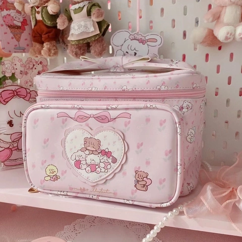 Simpatica Borsa Cosmetica in Pelle PU Rosa Grande Capacità Organizer per Articoli da Toeletta Portatile Stampato Cartone Animato
