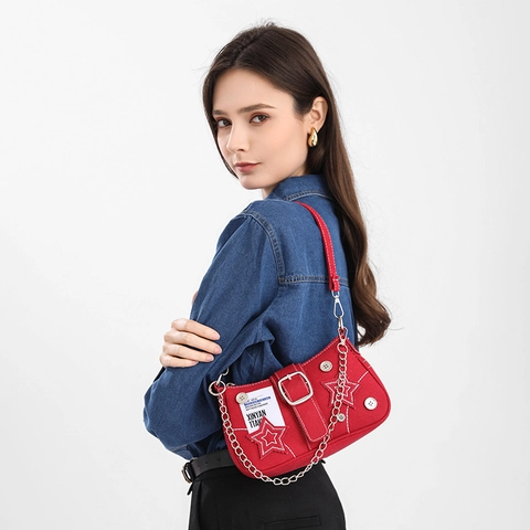Retro Y2K Denim Underarm Bag For Women Crescent Shape With Star Patch Metal Chain Decorative Buckle Street Style Handbag