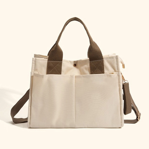 Sac Fourre-Tout en Toile de Grande Capacité pour Femmes Multi-Compartiments Multi-Poches Minimaliste Urbain Avec Bandoulière Réglable