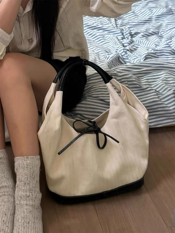 Damen Vintage Patchwork Segeltuch Tote Bag Große Kapazität Urban Minimalistisch Schultertasche Mit Schleife Für Den Alltag