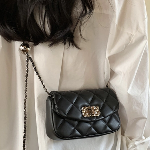 Women PU Leather Quilted Rhombic Shoulder Bag Minimalist Urban Chain Crossbody Bag With Adjustable Gold Ball Daily Bag
