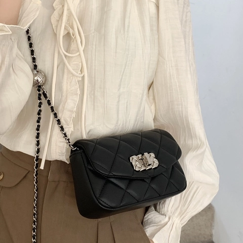Women PU Leather Quilted Rhombic Shoulder Bag Minimalist Urban Chain Crossbody Bag With Adjustable Gold Ball Daily Bag