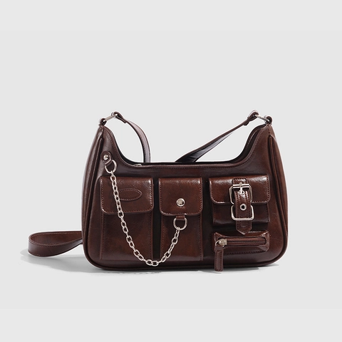 Women's PU Leather Multi-Pocket Shoulder Bag Retro Y2K Motorcycle Style Glossy Chain Messenger Bag For Daily Commuting