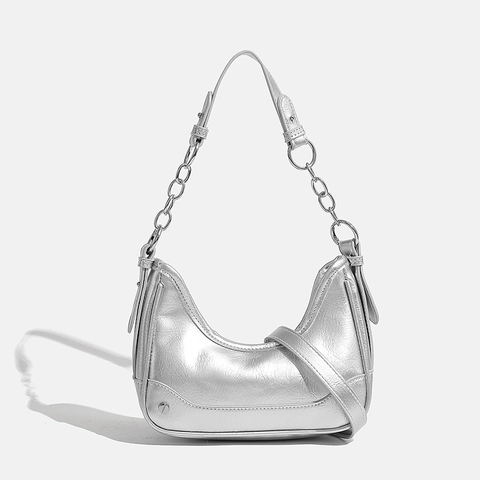 Women Metallic Hobo Shoulder Bag Y2K Silver Black Underarm Bag With Metal Chain Rivets Adjustable Strap Fashion Commuter Bag