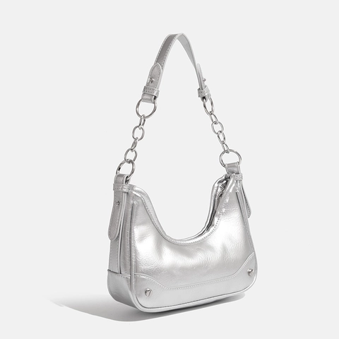 Women Metallic Hobo Shoulder Bag Y2K Silver Black Underarm Bag With Metal Chain Rivets Adjustable Strap Fashion Commuter Bag