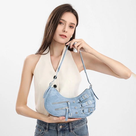 Borsa Sottobraccio Y2K American Retro Con Fibbie Multiple Borsa a Spalla Punk Moto a Mezzaluna in Pelle PU Borsa a Mano Per Donna