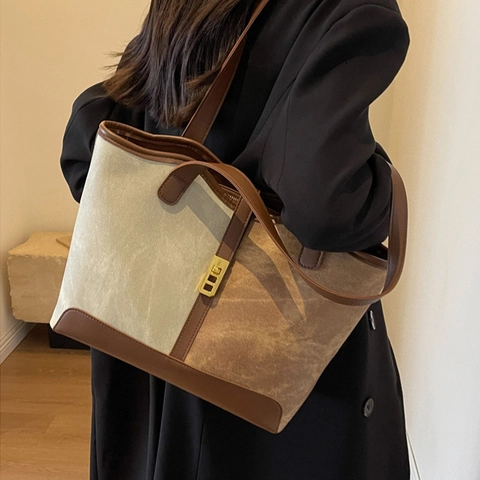 Grand Sac Fourre-tout pour Femme au Design Contrasté Vintage en Cuir PU Sac à Épaule Décontracté pour Bureau et Travail Chic