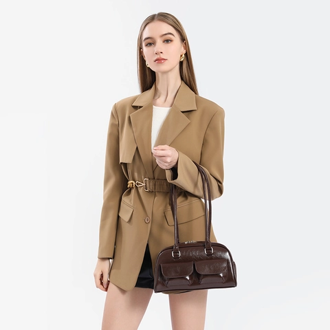Vintage Glossy PU Leather Bowling Bag For Women Multi Pocket Underarm Shoulder Bag Commuting Solid Color Fashion Handbag
