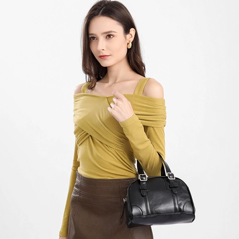 Women Retro PU Leather Boston Shoulder Bag Urban Minimalist Small Square Handbag With Metal Buckle Adjustable Strap Commuting Versatile Crossbody Bag