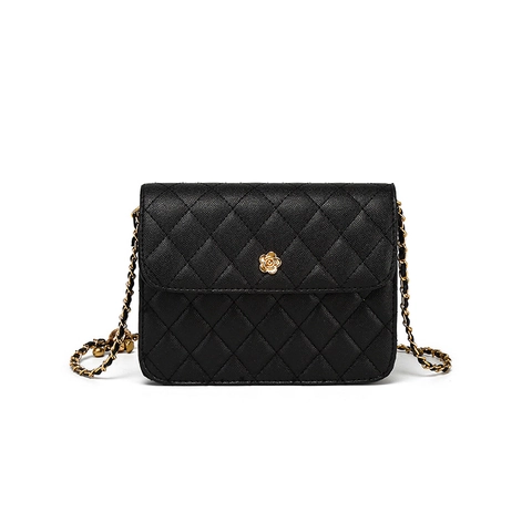 Elegant Quilted PU Leather Shoulder Bag For Women Gold Camellia Flower Lock Chain Crossbody Bag Square Flap Handbag