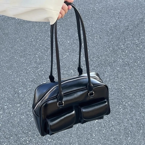 Vintage Glossy PU Leather Bowling Bag For Women Multi Pocket Underarm Shoulder Bag Commuting Solid Color Fashion Handbag