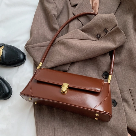 Women Retro PU Leather Underarm Bag Fashion Simple Small Square Shoulder Bag With Gold Metal Lock Clasp Daily Commute Baguette Bag