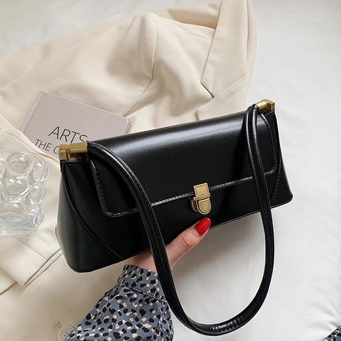 Women Retro PU Leather Underarm Bag Fashion Simple Small Square Shoulder Bag With Gold Metal Lock Clasp Daily Commute Baguette Bag