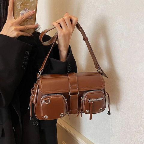 Western Retro Glossy PU Leather Underarm Bag Multi Pocket Moto Cargo Style Shoulder Bag For Women Techwear Street Handbag