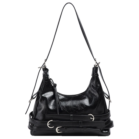 Vintage PU Leather Multi-Buckle Underarm Bag For Women Retro Y2K Spicy Girl Hobo Shoulder Bag Moto Style Commuter Handbag