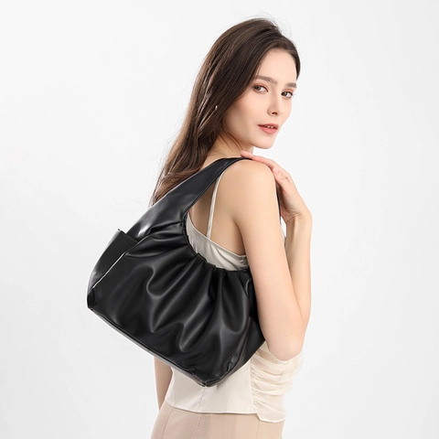 Bolso de Hombro de Cuero PU Plisado para Mujer Textura Suave Bolso de Mano Nube Trendy Bolso Hobo Axilar Color Sólido Diario Tote