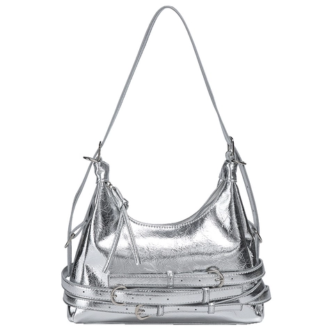 Dames Retro PU Lederen Ondertast Schoudertas Geplooide Textuur Biker Stijl Drievoudige Gesp Decoratie Hobo Tas Dagelijks Pendelen Handtas