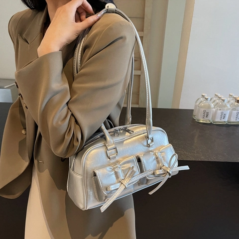 Glanzende Kunstleer Schoudertas Voor Dames Met Chique Strik Decor Dubbele Voorvakken Stedelijke Boston Tas