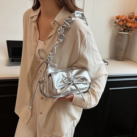 Dames Trendy Geplooide Oksel Schoudertas Hoogglans PU Leer Strik Wolk Tas Stijlvolle Stedelijke Veelzijdige Handtas