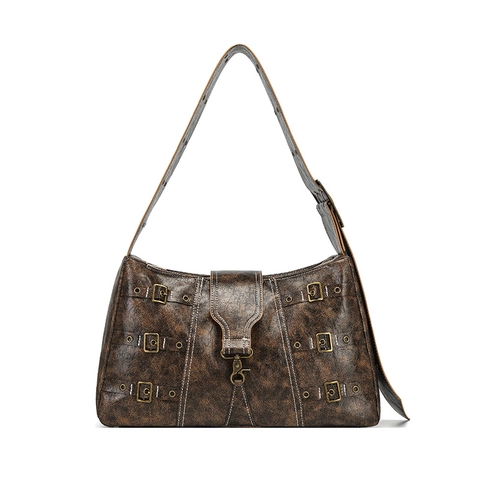 Vintage Punk PU Lederen Grote Tote Bag Voor Dames Retro Verouderde Schoudertas Met Metalen Gespen Brede Riem Handtas