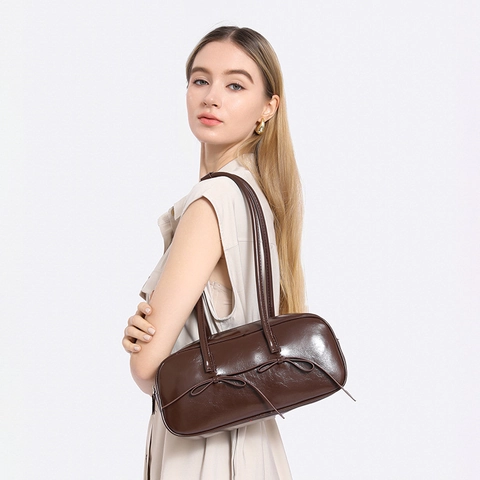 Dames Retro Glanzend PU Leer Onderarm Schoudertas Met Strikdecoratie Balletcore Boston Tas Voor Dagelijks Woon-werkverkeer