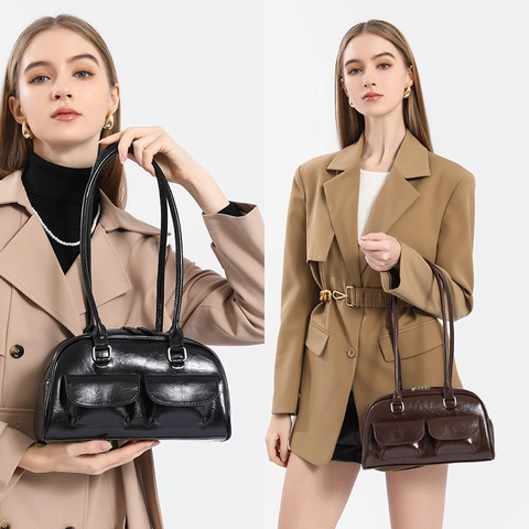 Women Vintage PU Oil Wax Leather Underarm Shoulder Bag Multi Pocket Boston Bowling Handbag Retro Commuting Tote Shoulder Bag