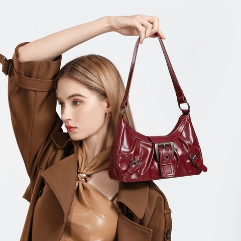 Vintage PU Geplooide Crescent Hobo Tas Voor Dames Trendy Crossbody Schoudertas Met Metalen Gesp Klinknagel Y2K Mode Handtas