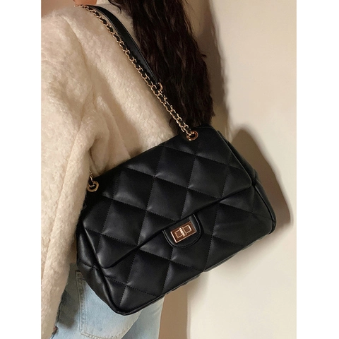 Vintage Gestept Ruitvormig Ketting Schoudertas Voor Vrouwen 2025 Nieuw Grote Capaciteit PU Leer Crossbodytas Elegante Handtas