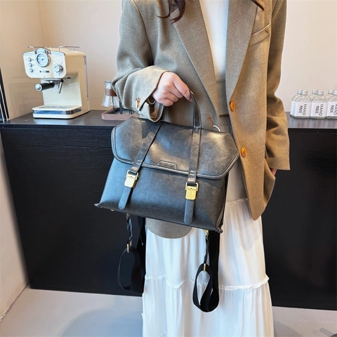 Vintage British Style PU Leather Backpack Women Large Capacity Preppy School Bag Trendy Handbag Fashion Commuter Shoulder Bag