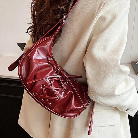 Dames Balletcore Strik Lint Vetersluiting PU Leer Maan Tas Geplisseerd Hobo Schoudertas Met Verstelbare Riem Vintage Handtas