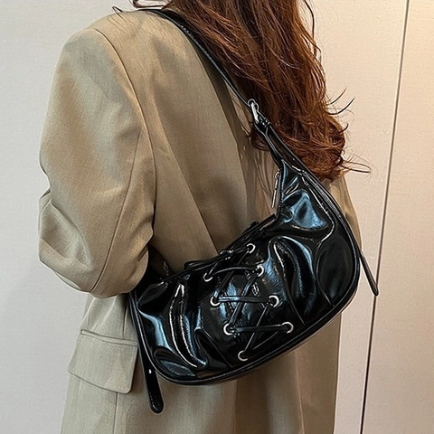 Dames Balletcore Strik Lint Vetersluiting PU Leer Maan Tas Geplisseerd Hobo Schoudertas Met Verstelbare Riem Vintage Handtas