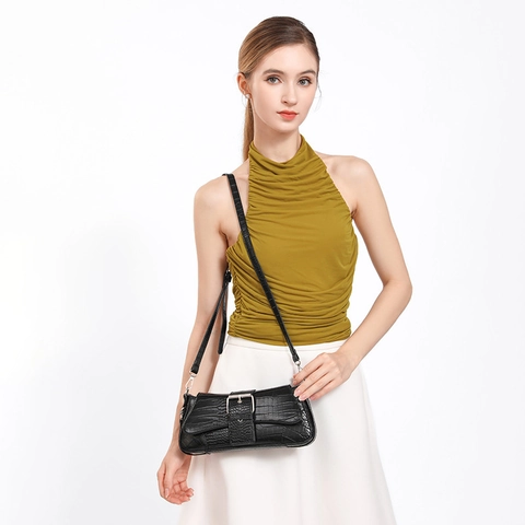 Dames Minimalistische PU Leren Schoudertas Krokodillenpatroon Mode Metalen Gesp Crossbody Stokbrood Tas Zwart