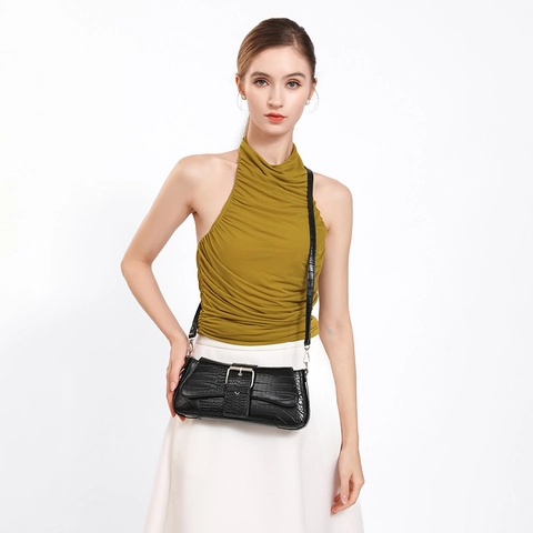 Dames Minimalistische PU Leren Schoudertas Krokodillenpatroon Mode Metalen Gesp Crossbody Stokbrood Tas Zwart