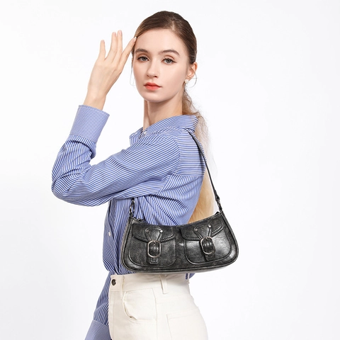 Borsa Sottobraccio in Ecopelle PU Lavata Vintage per Donna Borsa a Tracolla da Moto Retro con Doppie Tasche Anteriori Borsa Y2K