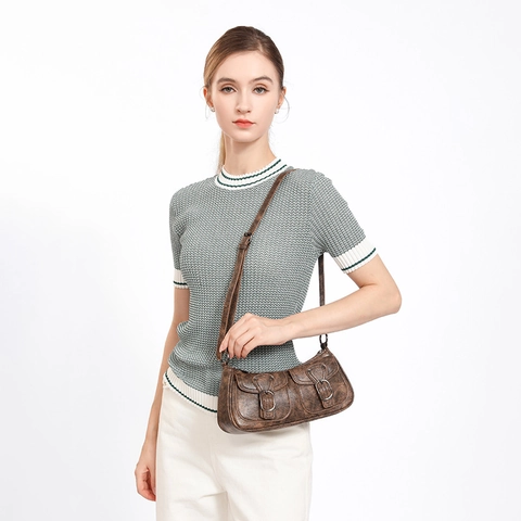 Borsa Sottobraccio in Ecopelle PU Lavata Vintage per Donna Borsa a Tracolla da Moto Retro con Doppie Tasche Anteriori Borsa Y2K