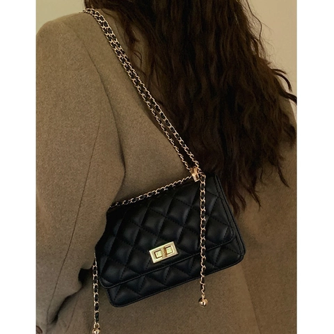 Bolso de Hombro Acolchado para Mujer Patrón de Diamante Clásico Correa de Cadena Elegante Cuero PU Bolso Cuadrado Pequeño Simple Elegante