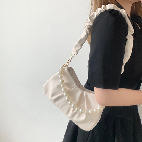 Women Fashion Pleated Dumpling Bag With Artificial Pearl Handle Urban Minimalist PU Leather Ruched Shoulder Bag Daily Crossbody Bag