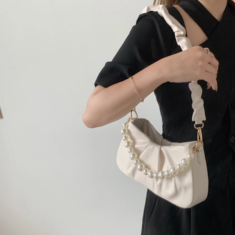 Women Fashion Pleated Dumpling Bag With Artificial Pearl Handle Urban Minimalist PU Leather Ruched Shoulder Bag Daily Crossbody Bag