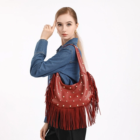 Women's Vintage PU Leather Hobo Shoulder Bag With Tassels And Gold Rivets Bohemian Punk Style Fashion Handbag Single Strap Bag