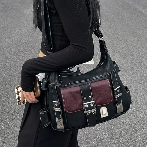 Vintage PU Leren Motorfiets Crossbody Tas Voor Vrouwen Contrastkleur Tote Tas Met Metalen Gesp Contraststiksel Schoudertas