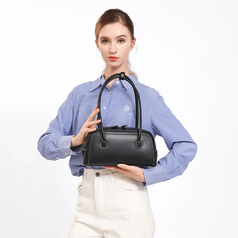 Dames Retro PU Leer Onderarmtas Minimalistisch Contraststiksel Schoudertas Klassieke Boston Handtas Voor Woon-werkverkeer Casual Modetas