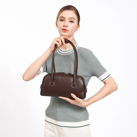Dames Retro PU Leer Onderarmtas Minimalistisch Contraststiksel Schoudertas Klassieke Boston Handtas Voor Woon-werkverkeer Casual Modetas