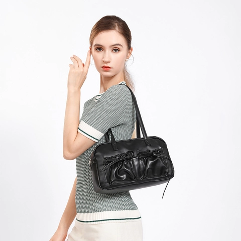 Damen Schleife Achseltasche PU Leder Schultertasche Metallic Silber Schwarz Retro Bowling Tasche Handtasche 2025 Sommer Mode