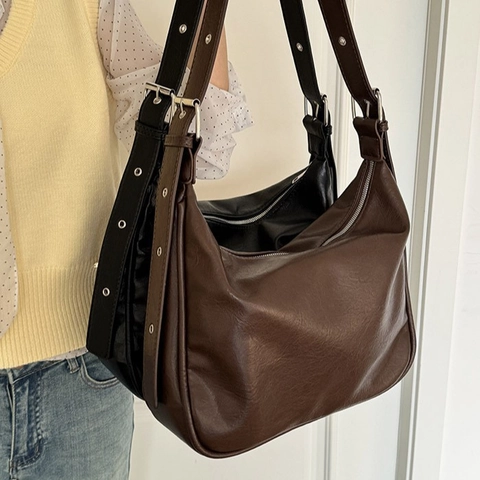 Vintage PU Leder Grote Capaciteit Schouder Tote Tas Voor Vrouwen Effen Kleur Eenvoudige Mode Hobo Tas Met Verstelbare Riem
