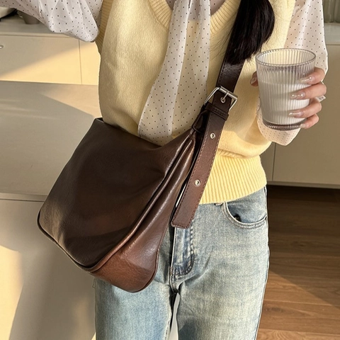 Vintage PU Leder Grote Capaciteit Schouder Tote Tas Voor Vrouwen Effen Kleur Eenvoudige Mode Hobo Tas Met Verstelbare Riem