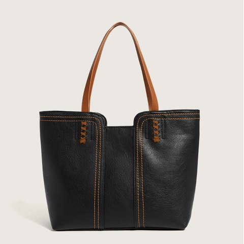 Women Large Capacity PU Leather Tote Bag Vintage Minimalist Contrast Color Shoulder Bag Commute Handbag Large Capacity
