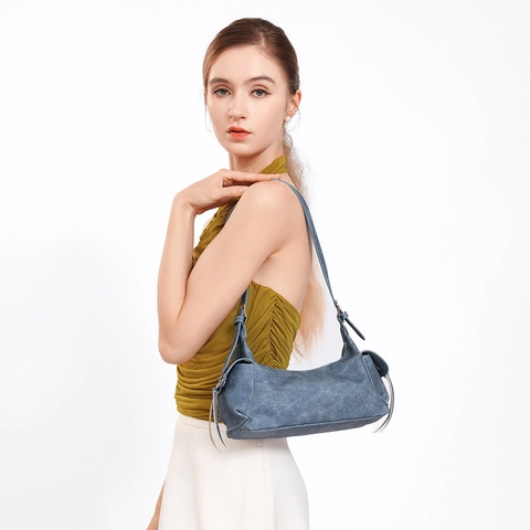 Vintage PU Leather Underarm Bag For Women Moto Style Pleated Side Drawstring Shoulder Bag Versatile Commute Handbag